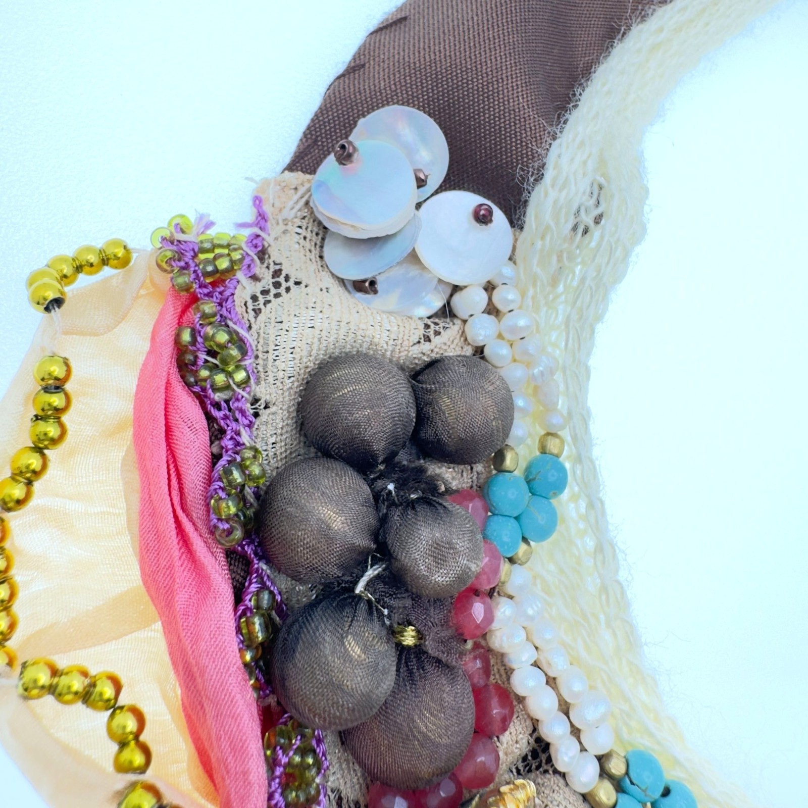 Boho Handmade Turkish Bib Collar Statement Necklace Rustic Fiber Lace Fabric