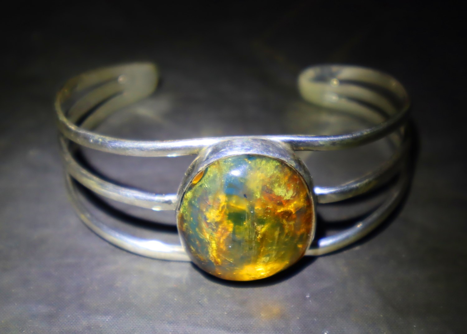 Hugh Natural Clear Green Blue Amber solid .925 Sterling Silver Cuff Bangle 7inch