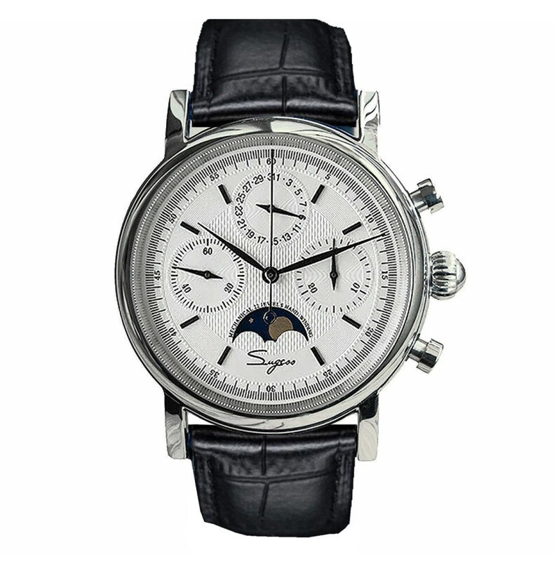SUGESS S426 Mechanical Chronograph White Steel Leather Moonphase Men’s Watch
