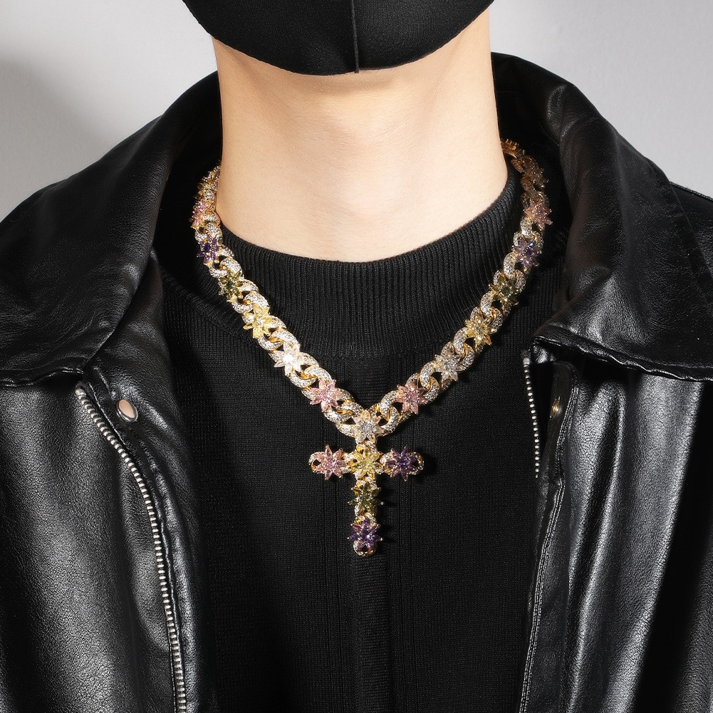Bling Rainbow Colored CZ Floral Cross Necklace Heavy Gold Plated Hip-hop Chain