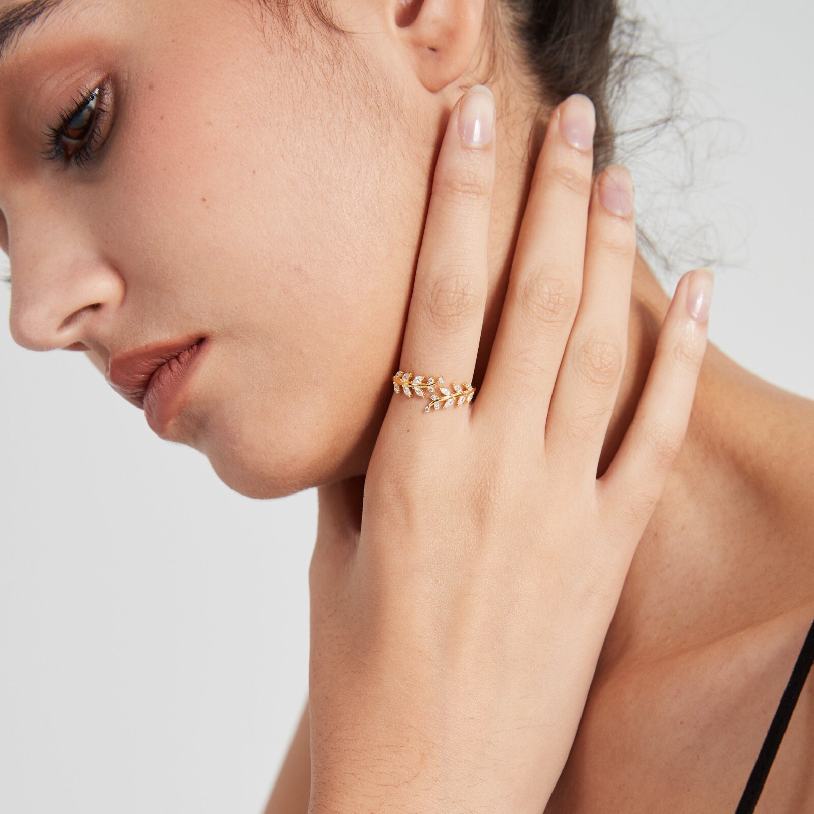 Dainty Gold Olive Branch Bypass Ring in 925 Sterling Silver