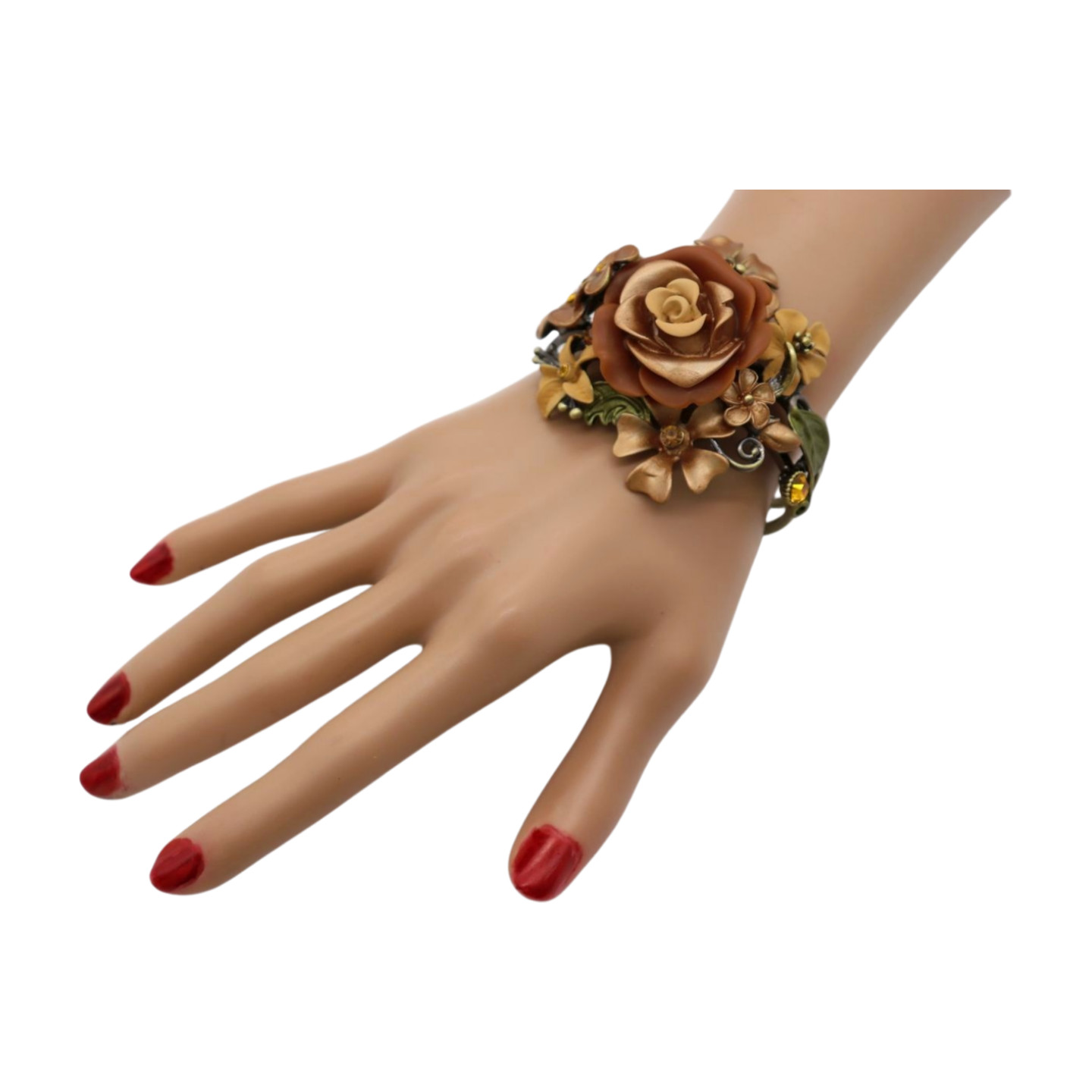 Women Antique Gold Metal Beige Brown Rose Flowers Cuff Bracelet Fashion Jewelry