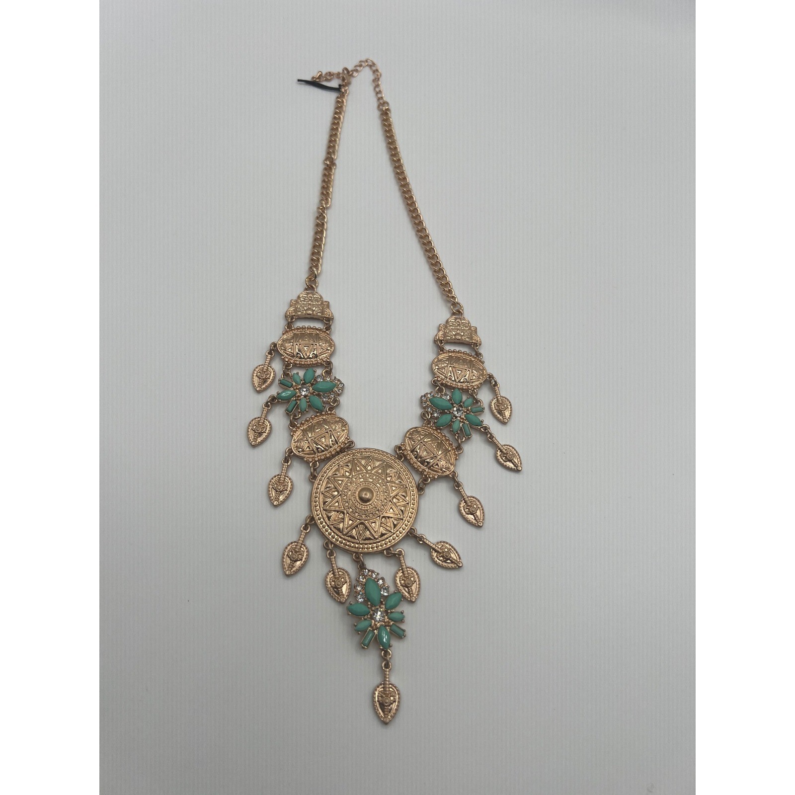 Boho Gold Tone Turquoise Floral Statement Bib Necklace Sunburst Dangle Eclectic