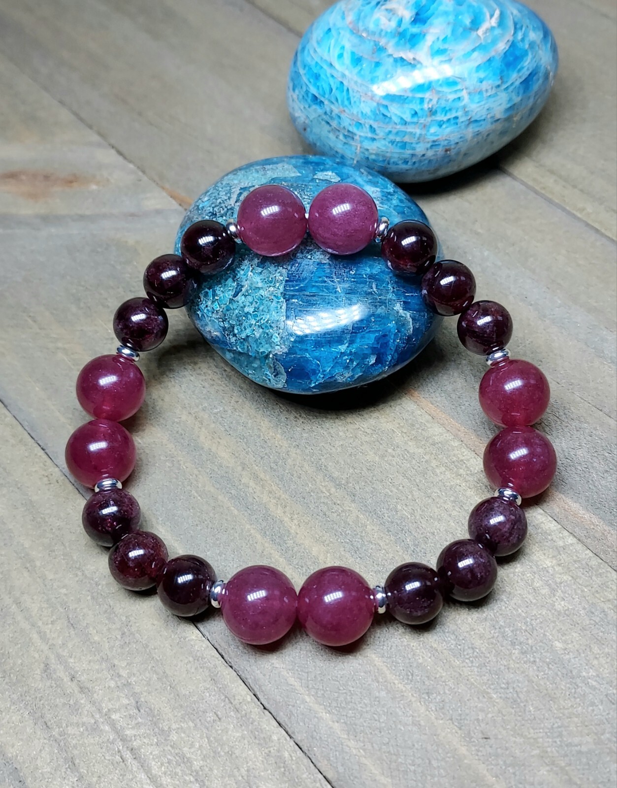 Red Garnet Gem Bead Bracelet With Dark Pink Strawberry Quartz Stretchy 6.75″