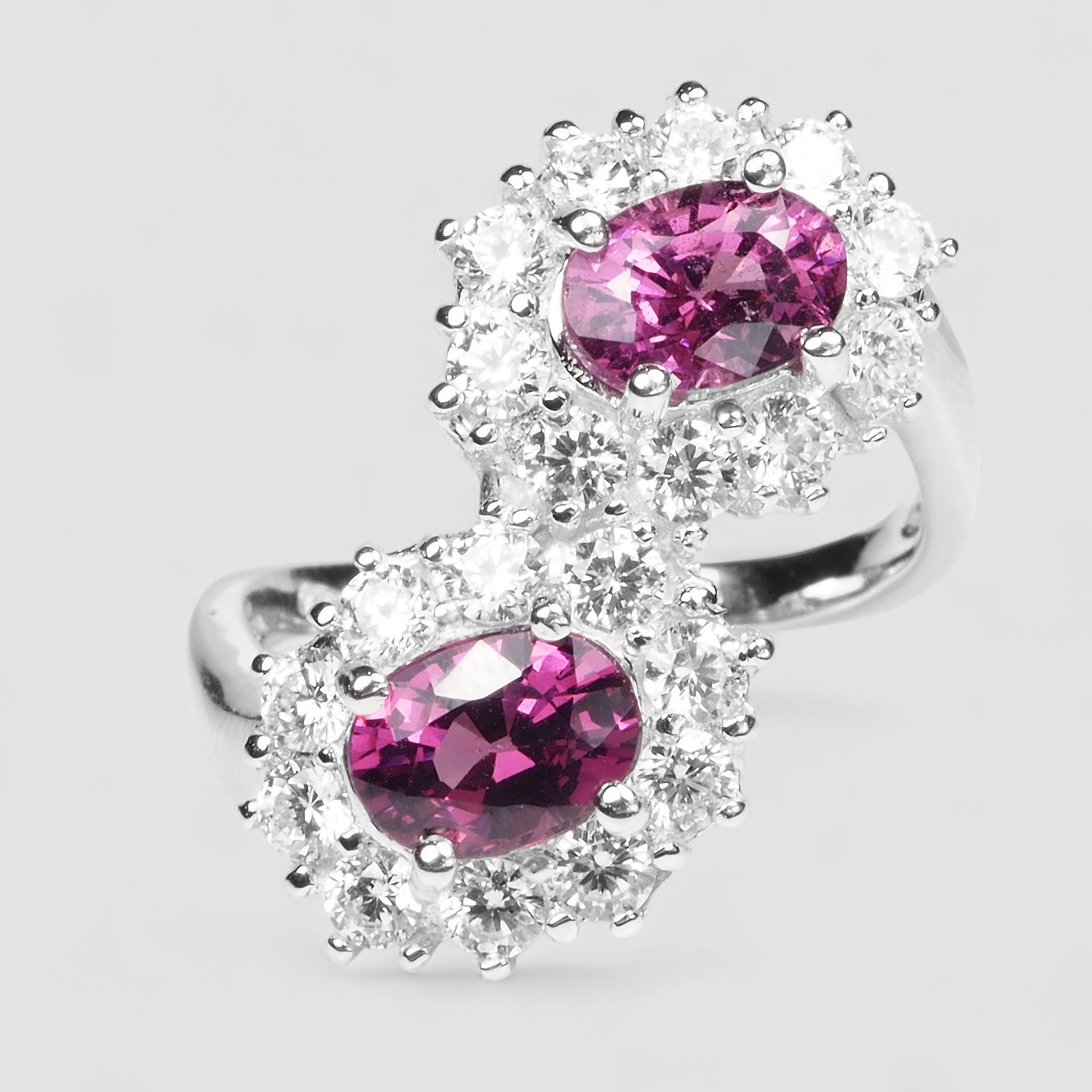 1.80Ct Pinkish Purple Rhodolite Garnet 925 Sterling Silver Two Stone Halo Rings