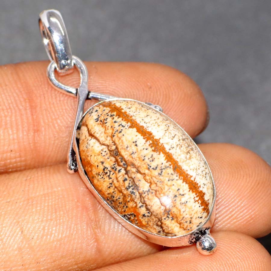 925 Silver Plated Picture Jasper Pendant Handmade Jewelry Size 1.7″ MJ