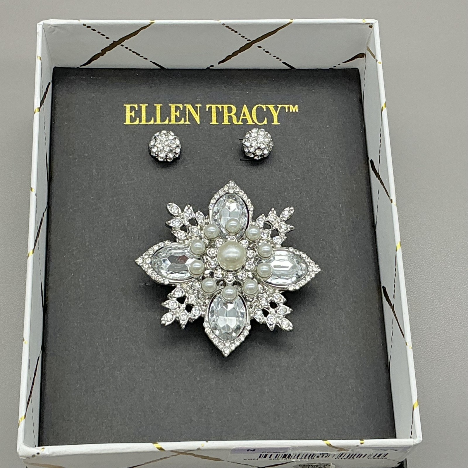 Ellen Tracy Brooch Earrings Set Silver Tone White Pearl Rhinestone Gift Boxed