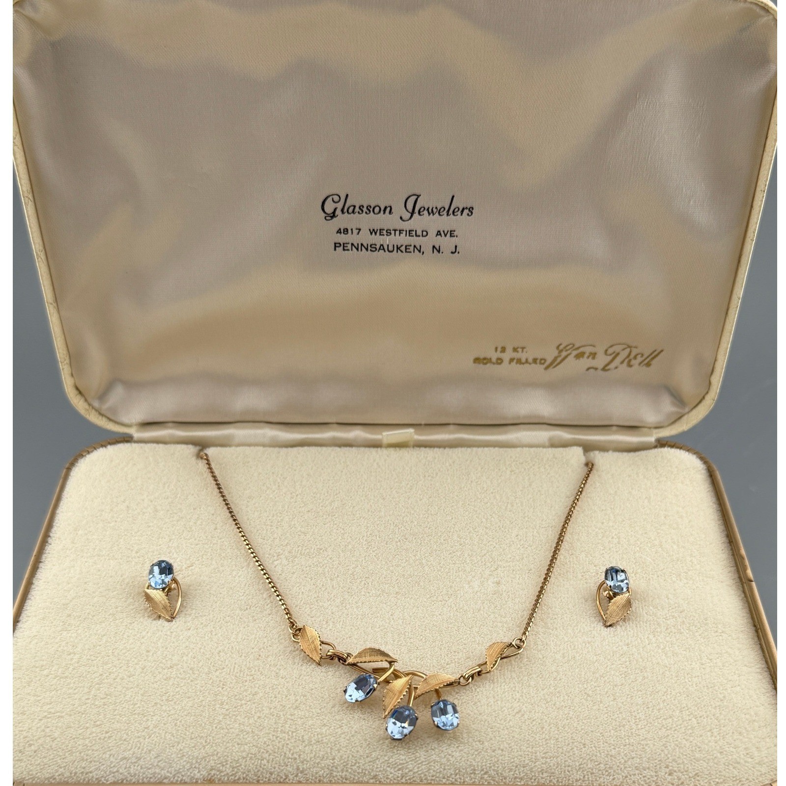 Vintage Van Dell Gold Filled Necklace Earring Set Blue Glass Stones Original Box