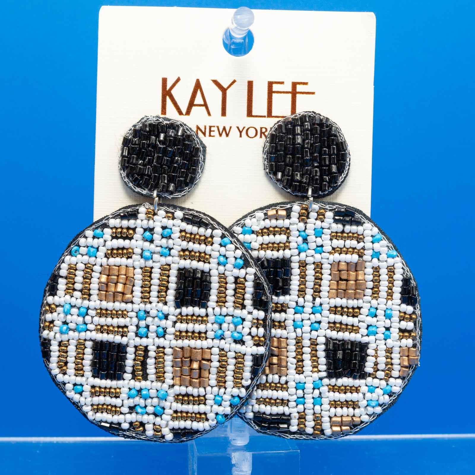 KAY LEE NEW YORK Beaded Dangle Drop Earrings Black White Gold Blue Geometric