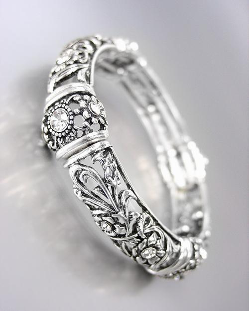 NEW Designer Antique Silver Plated Floral Filigree Crystals Stretch Bracelet