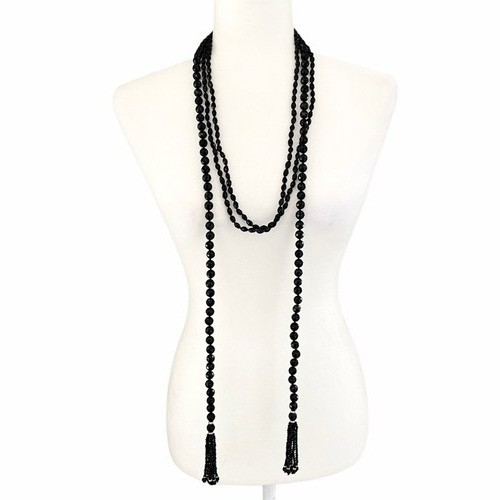 Coldwater Creek Black Flapper Necklace Glass Bead Rope Opera Lariat Sautoir VTG