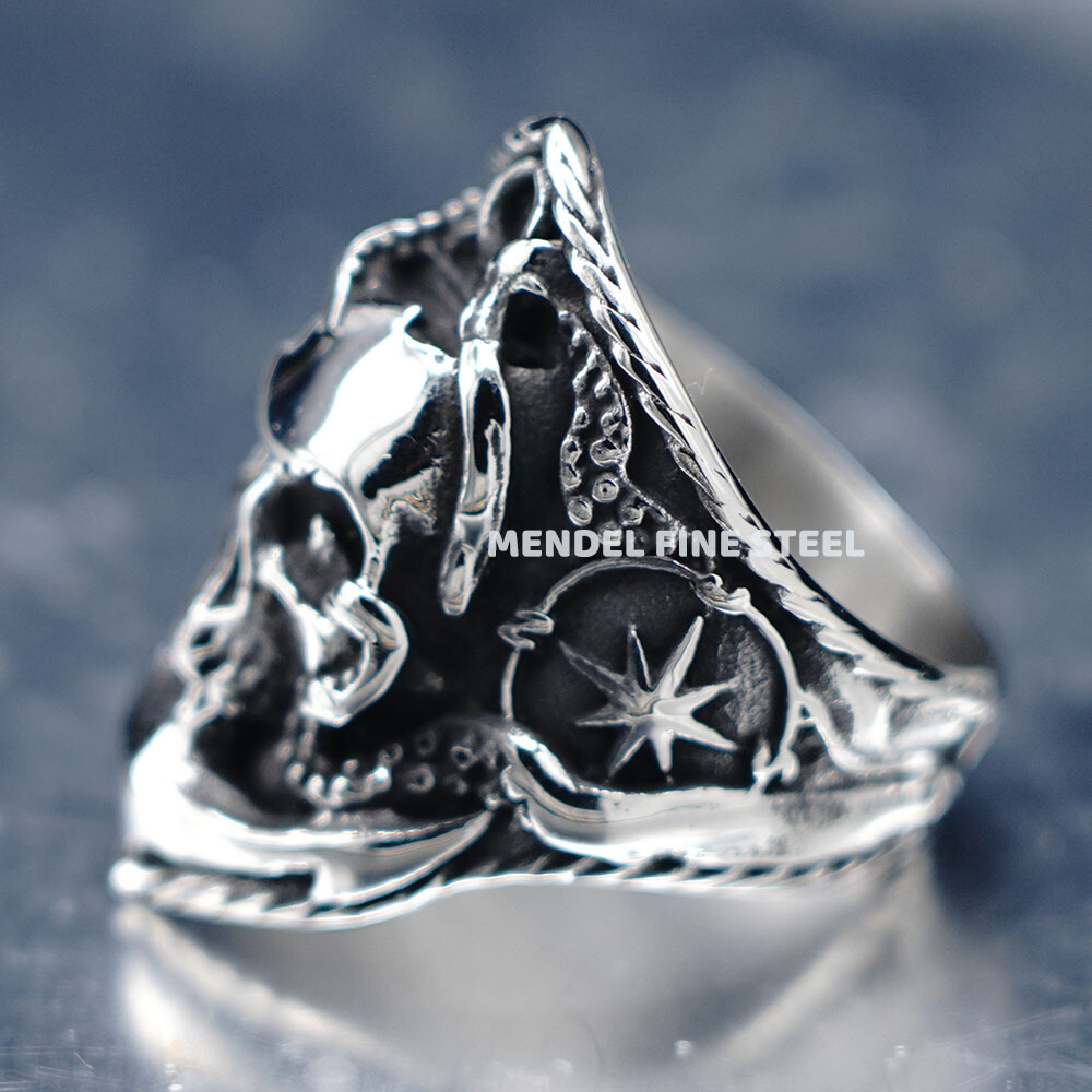 MENDEL Mens Stainless Steel Gothic Biker North Star Skull Octopus Ring Size 7-15