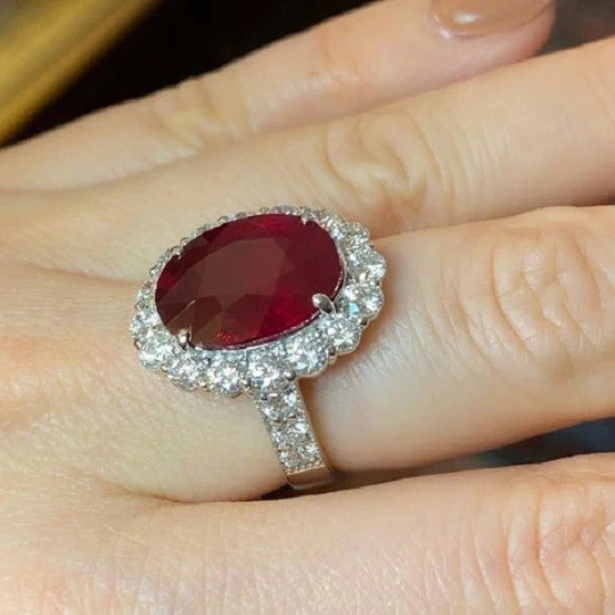 6.8 Ct Oval Cut Natural Ruby Diamond Engagement Wedding Ring 14K White Gold Over
