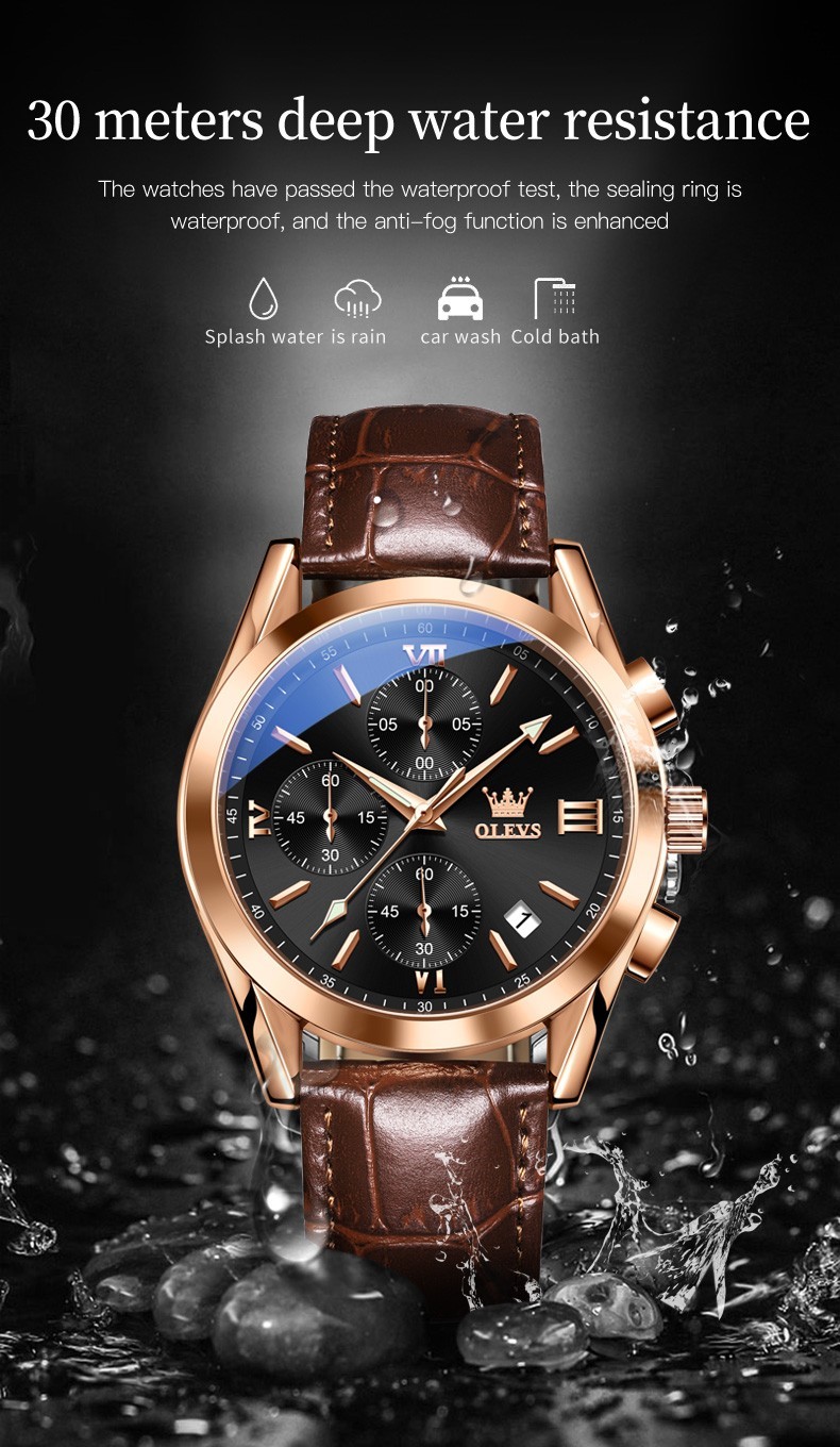 OLEVS 2872 Luminous Multifunctional Male Leather Top Quality Quartz Watches