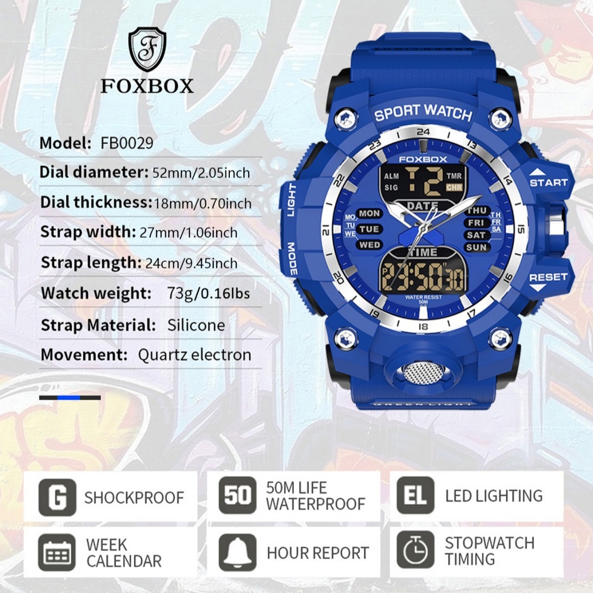 LIGE Men Watch Big LDE Digital Dial Quartz Date Week Waterproof Sport Wristwatch