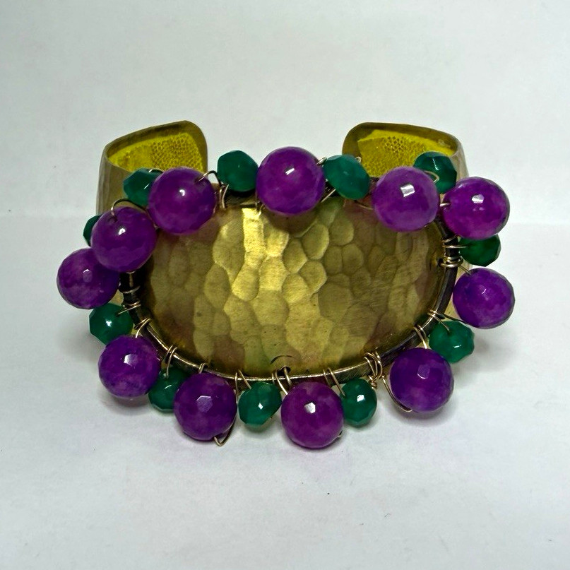 Hammered Gold Tone Brass Cuff Bracelet Stackable Purple Green Beads