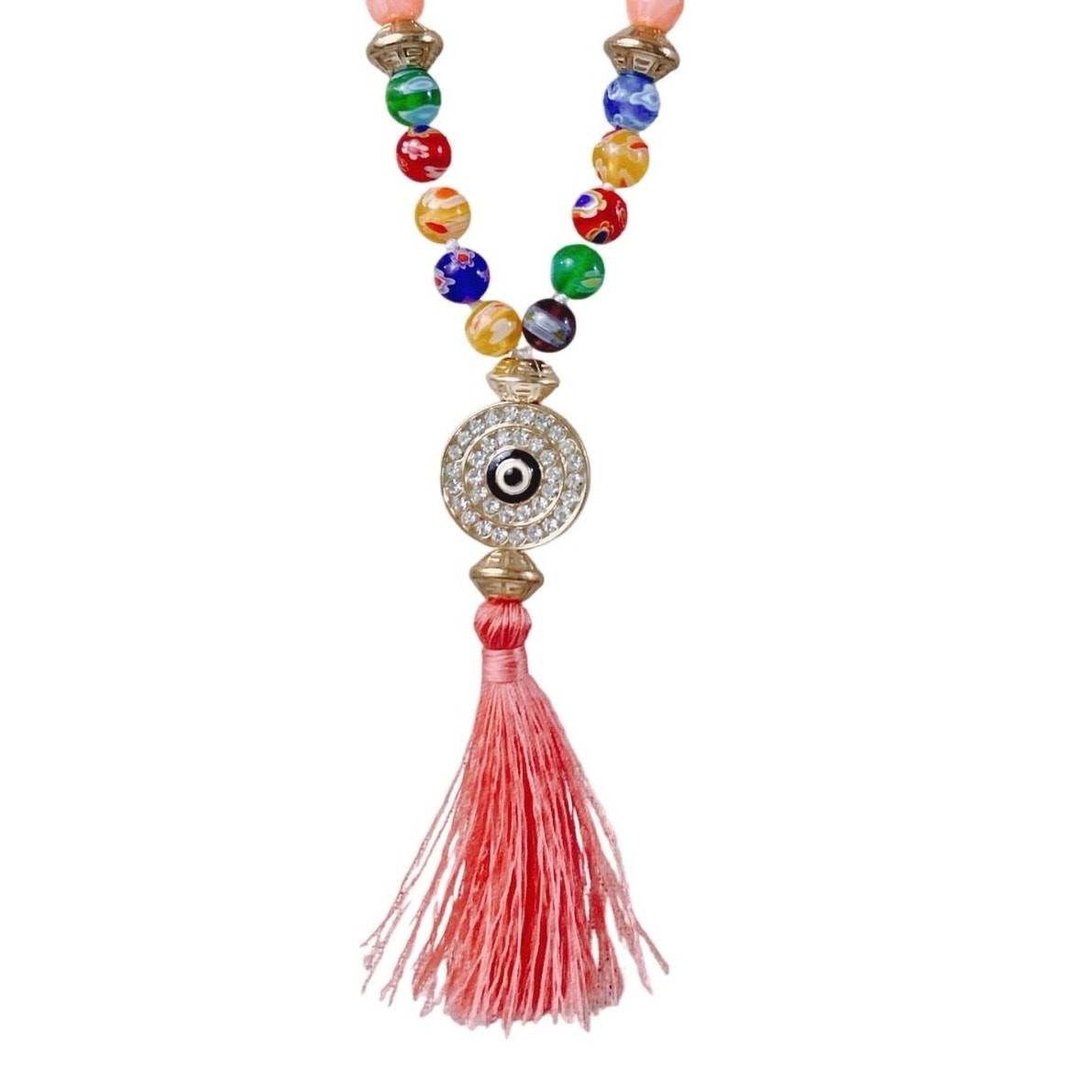 Boho Long Necklace Evil Eye Tassel Wood Coral Color Acrylic Bead Colorful 32–36″
