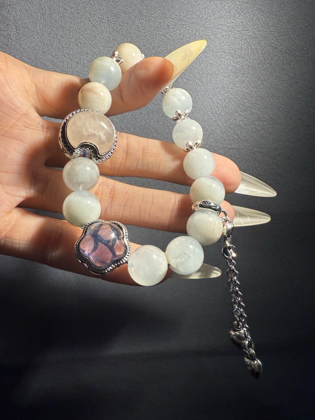 11.6mm Unqiue Natural Aquamarine with Rose Quartz，Fluorite Charm Bracelet