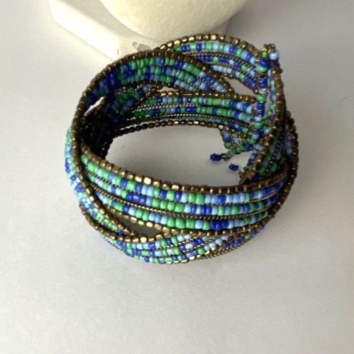 World Market Bohemian Bead Bracelet Blue Brown Green Wire Cuff Brand New