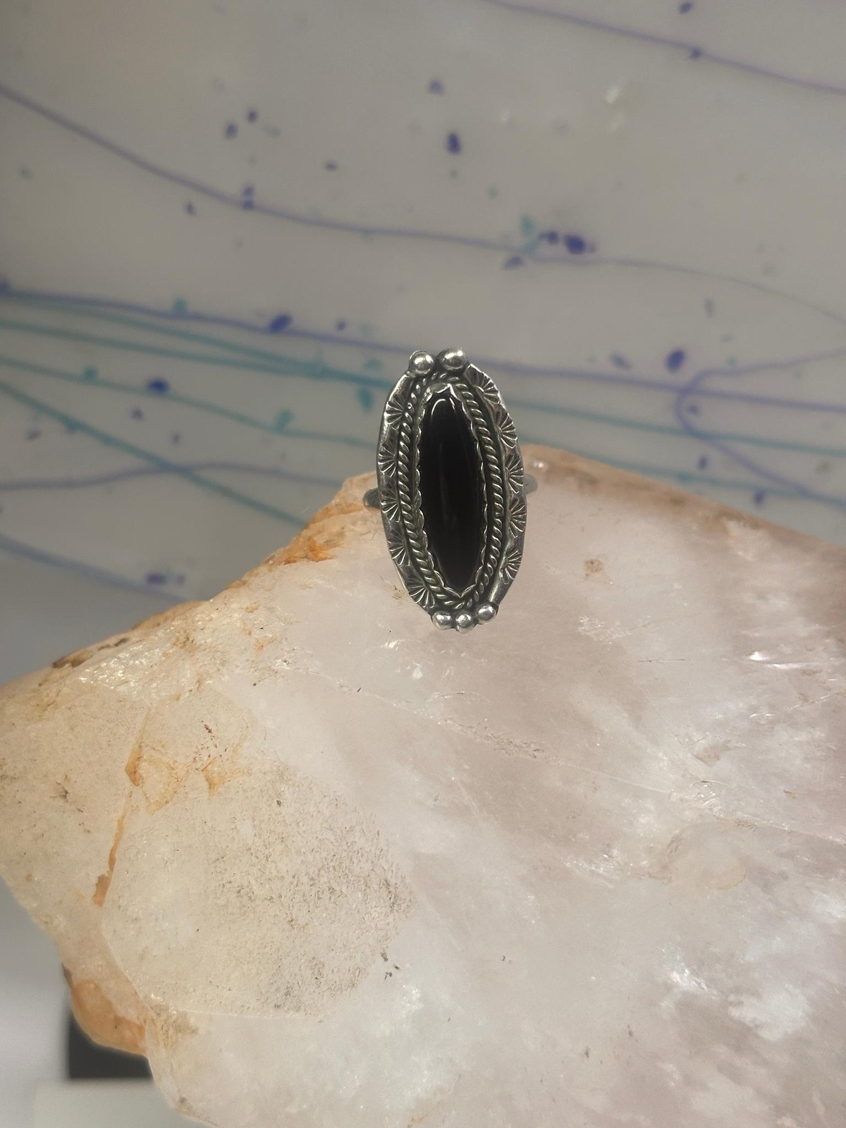 Navajo Ring Long Onyx size 6.5 sterling silver women girls signed LY