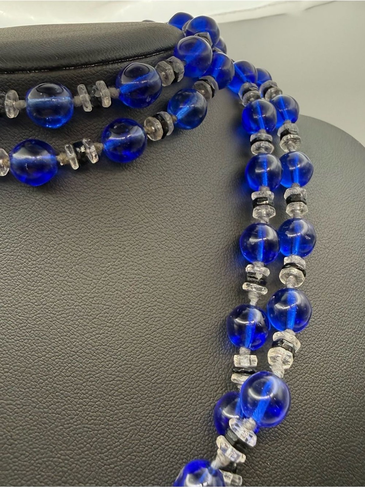 Cobalt blue long Vintage 1930s Glass Bead Necklace Round Beads