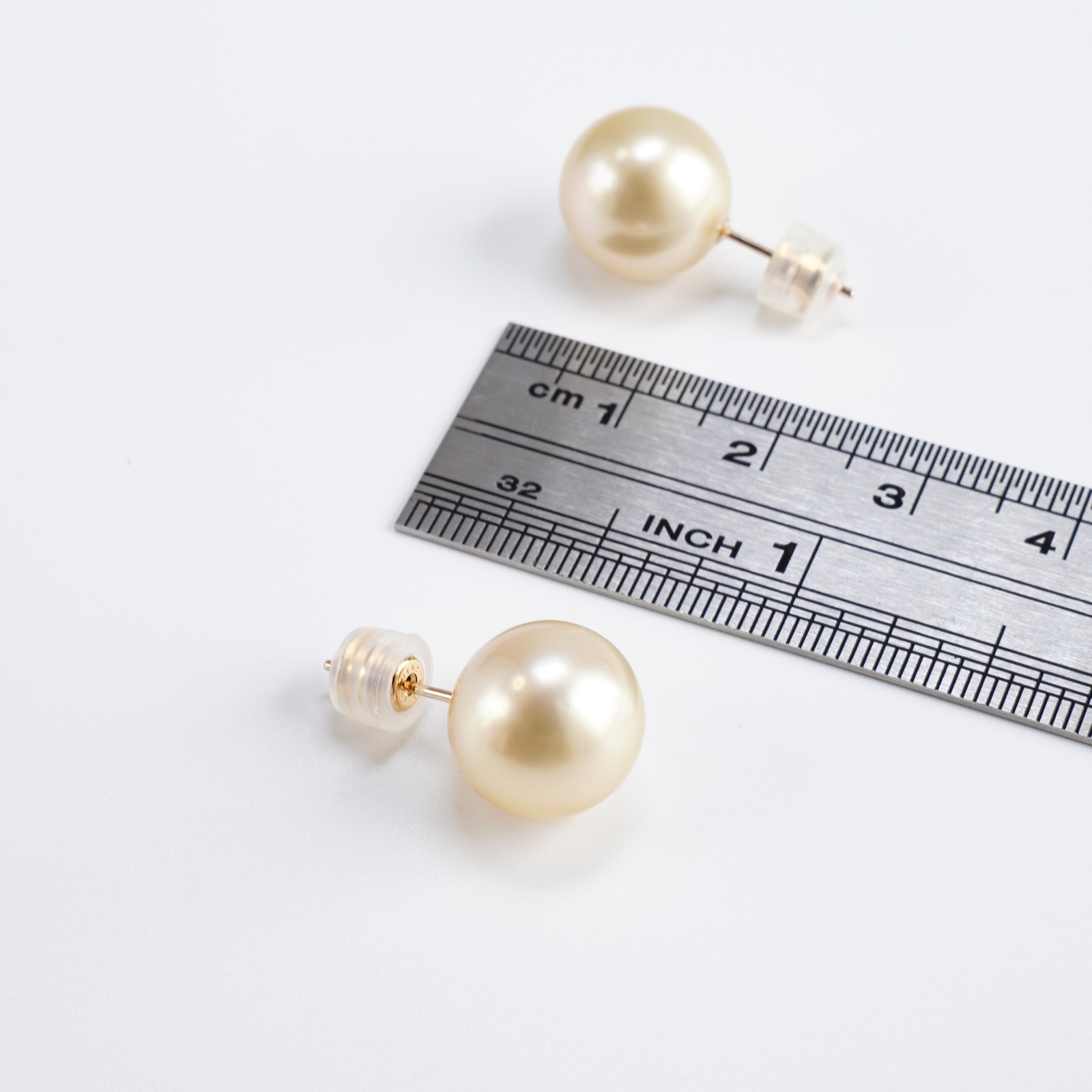 Big 11.6mm Round Light Gold South Sea Pearl Stud Earrings 10K Yellow Gold