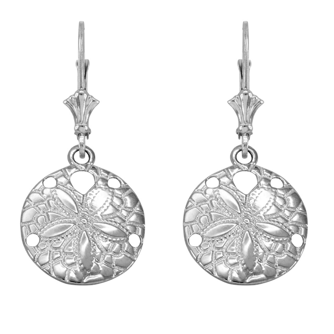14k White Gold Textured Sand Dollar Sea Star Drop / Dangle Leverback Earrings