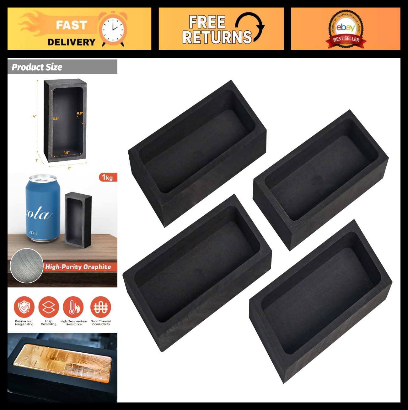 4 Pack 1kg Graphite Ingot Molds for Metal Casting Gold Silver Aluminum Copper Br