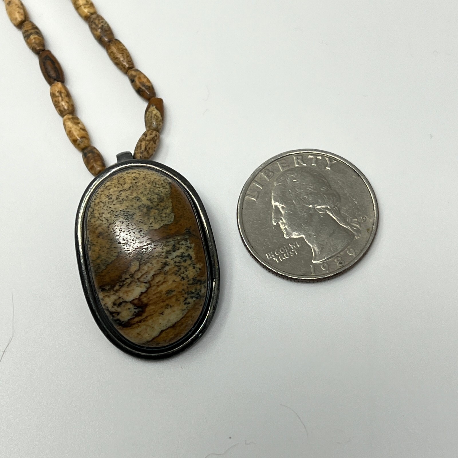 Earth Tone Beaded Necklace Brown Tan Cabochon Stone Pendant