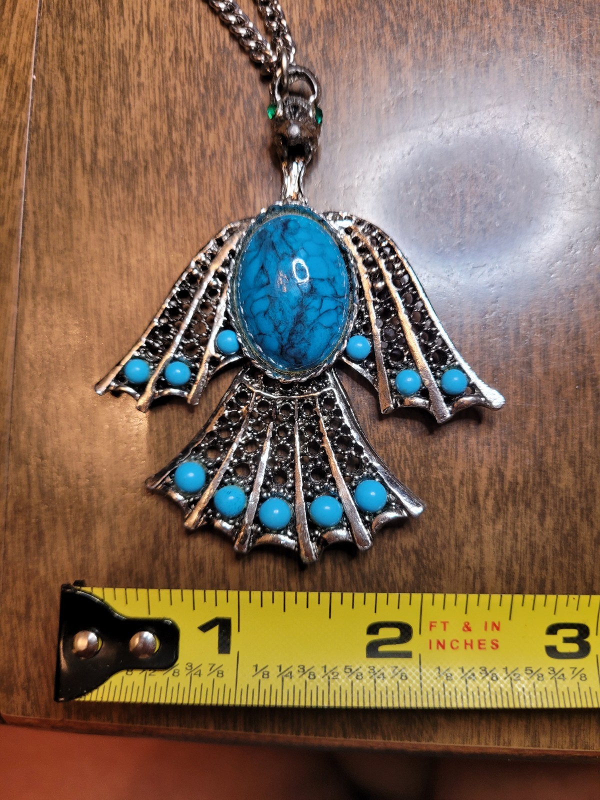 Vintage Egyptian Revival Horus Falcon Pendant Necklace Turquoise Look Cabochon