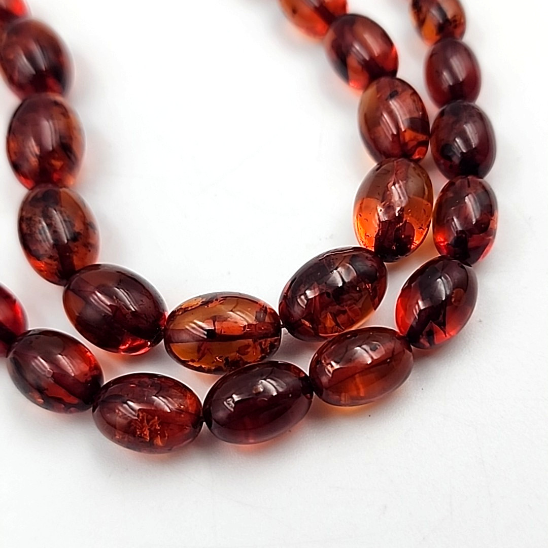 Pressed Amber Oval Bead Necklace Cognac Barrel Clasp 18.5 in Vintage