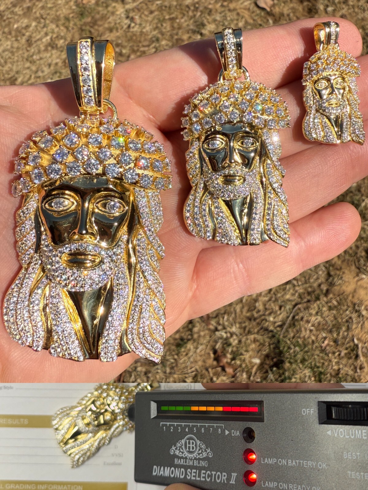 Real MOISSANITE Kufi Jesus Piece Biggie Smalls Tito Pendant 14k Gold Over Silver