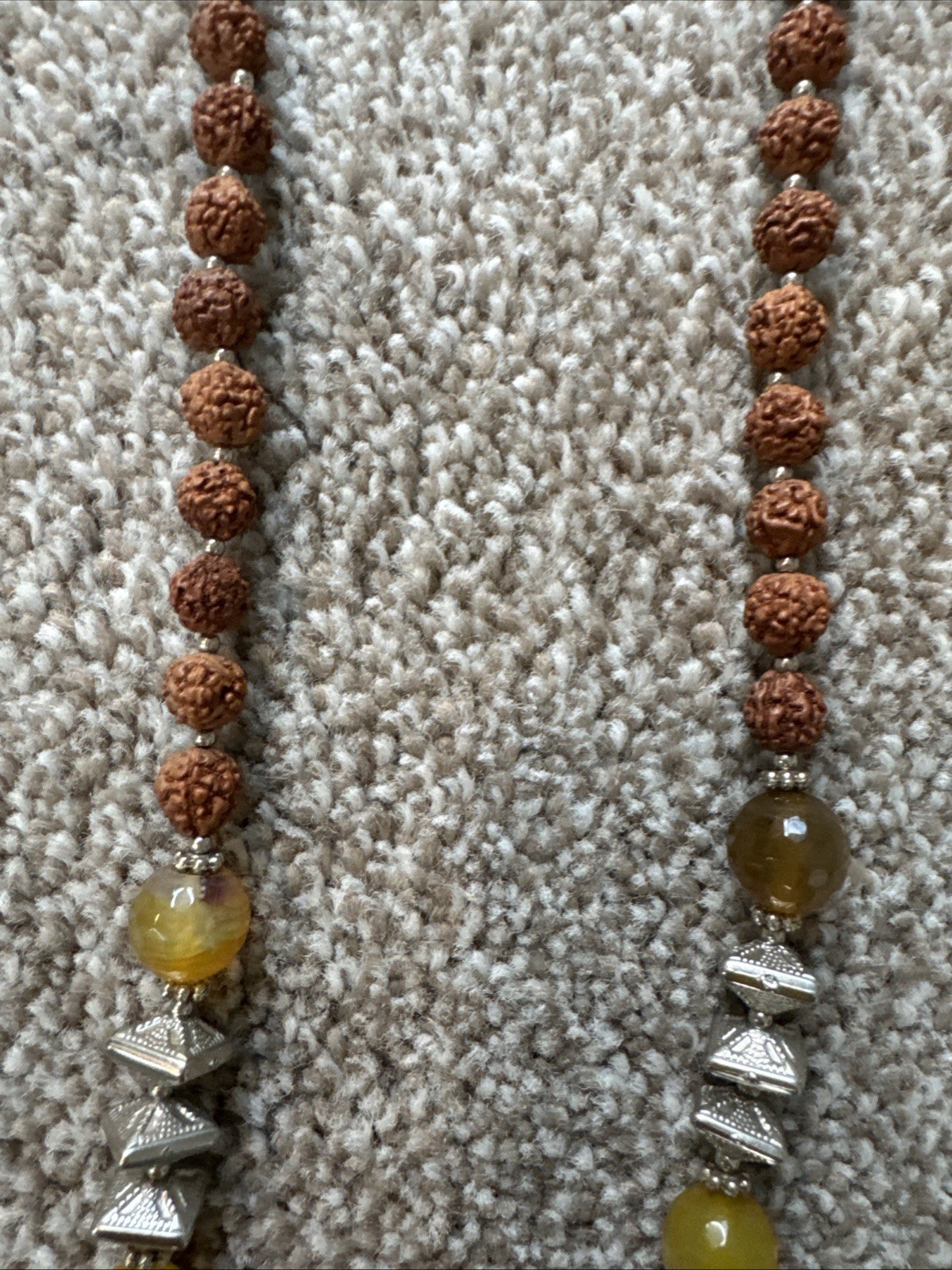 Nepali Rudraksha Rudraksh Agate Necklace w Silver Beads Amulet & Yellow Tassel