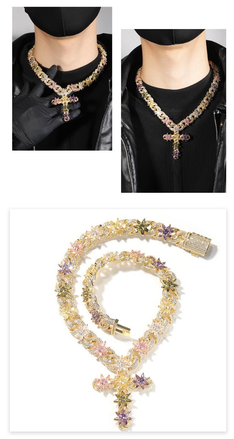 Bling Rainbow Colored CZ Floral Cross Necklace Heavy Gold Plated Hip-hop Chain