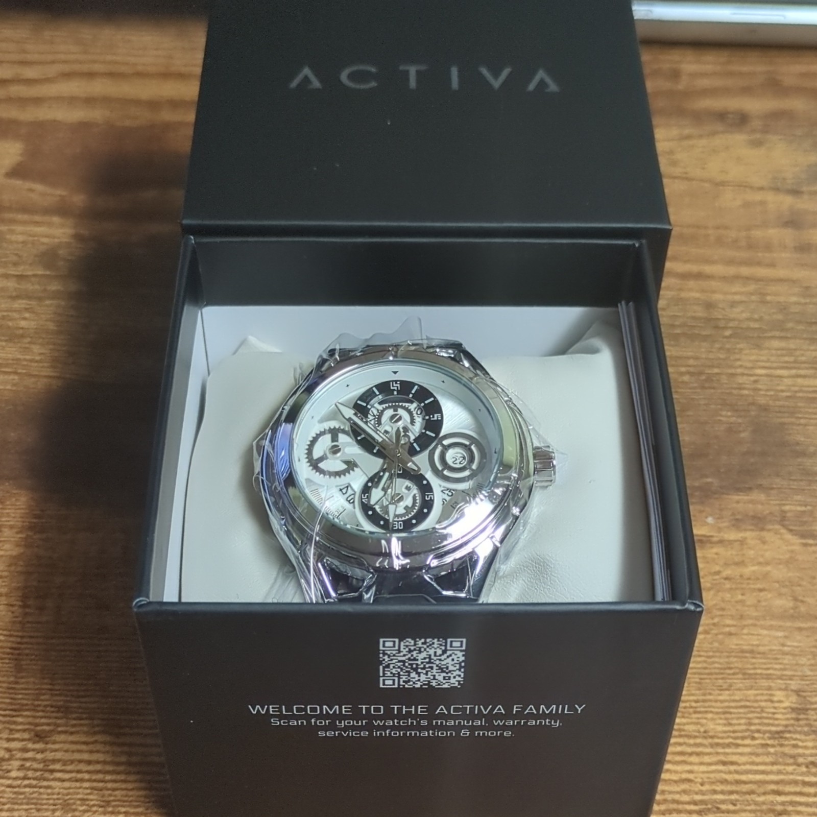Activa Men’s Quartz Watch Date Silver Dial Black Leather Strap Steel Case w/Box