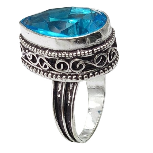 Blue Topaz Hydro Gemstone Antique Silver Plated Ring US Size-6.5 A 1307