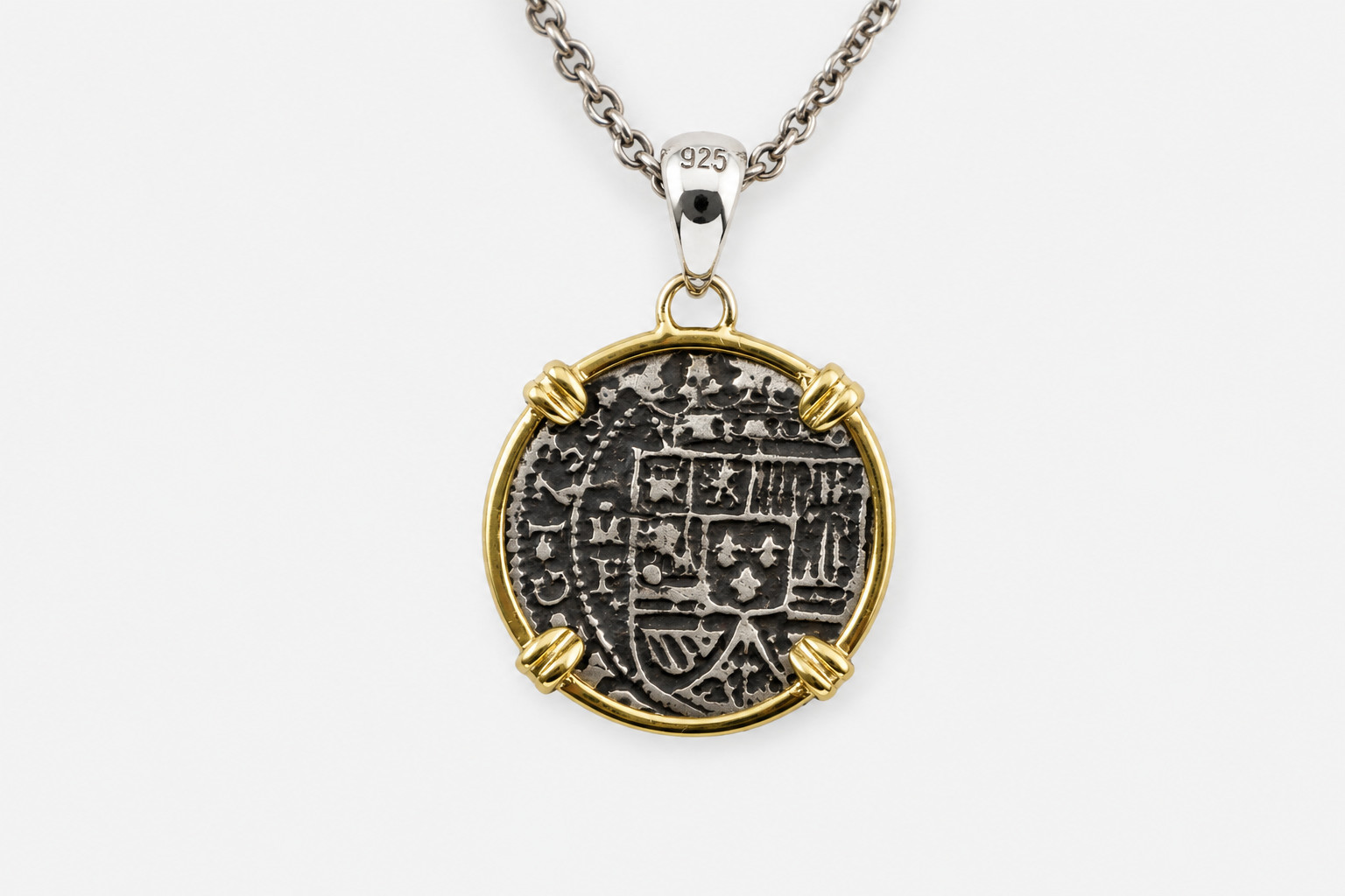 Atocha Treasure Coin Inspired Pendant 925 Silver 18K Gold Plated 39mm 6.8 grams