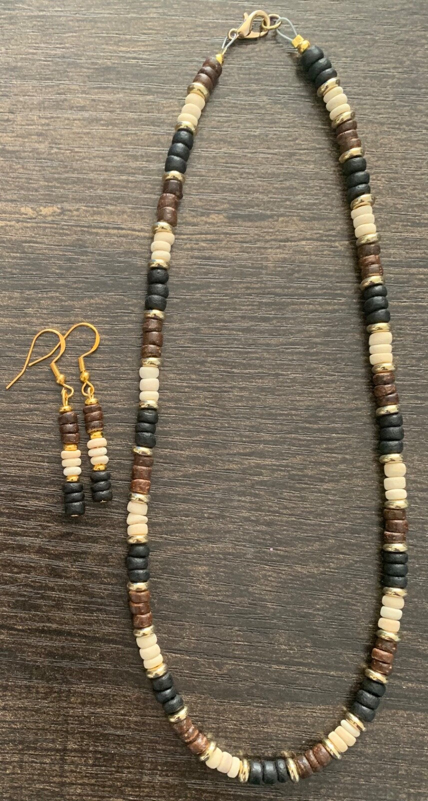 17″ Black, White, and Brown Wooden Disc Necklace and Earring Set