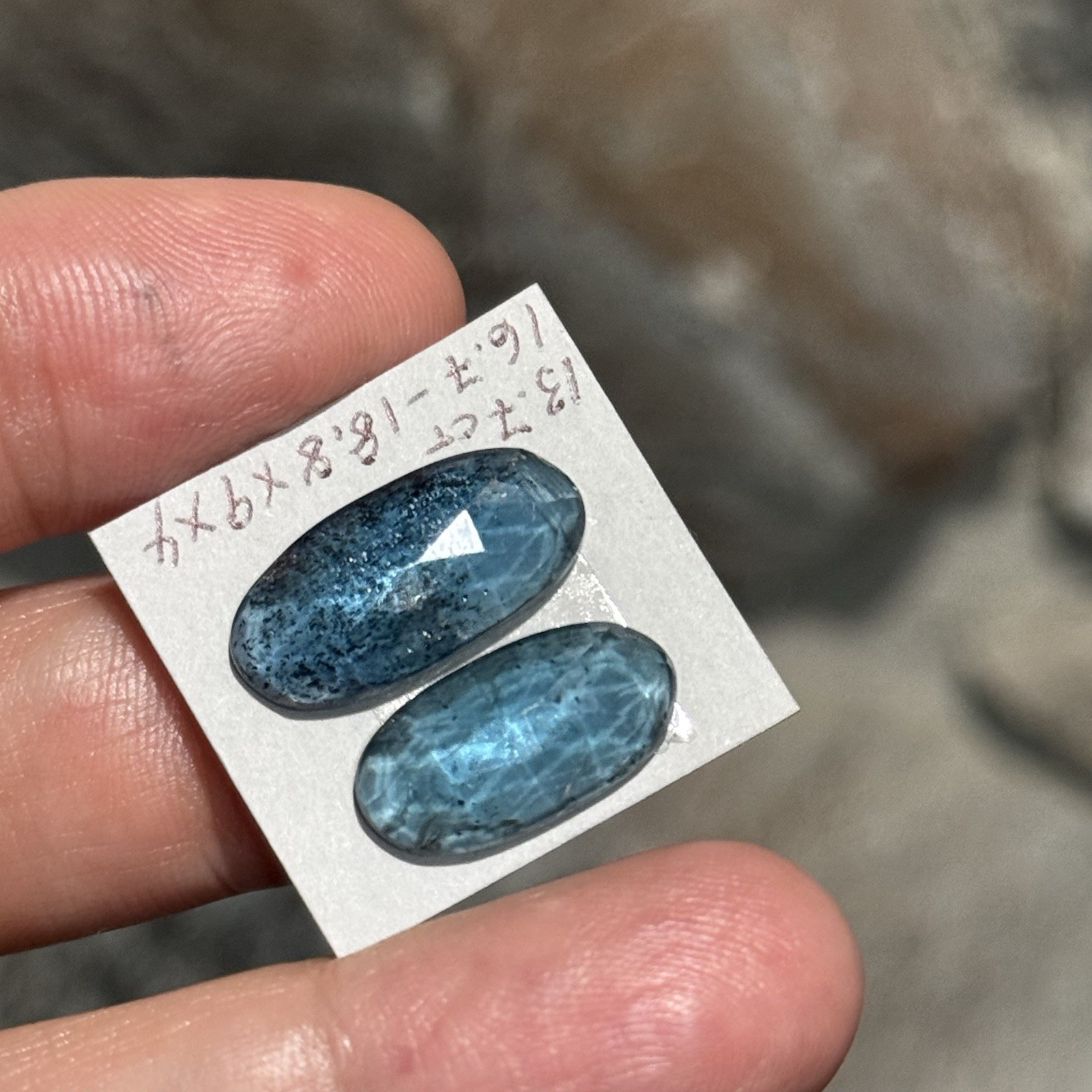 13.7ct 16.7-18.8x9x4mm Pair Teal Blue Faceted Moss Kyanite Oval Cabochon Gems