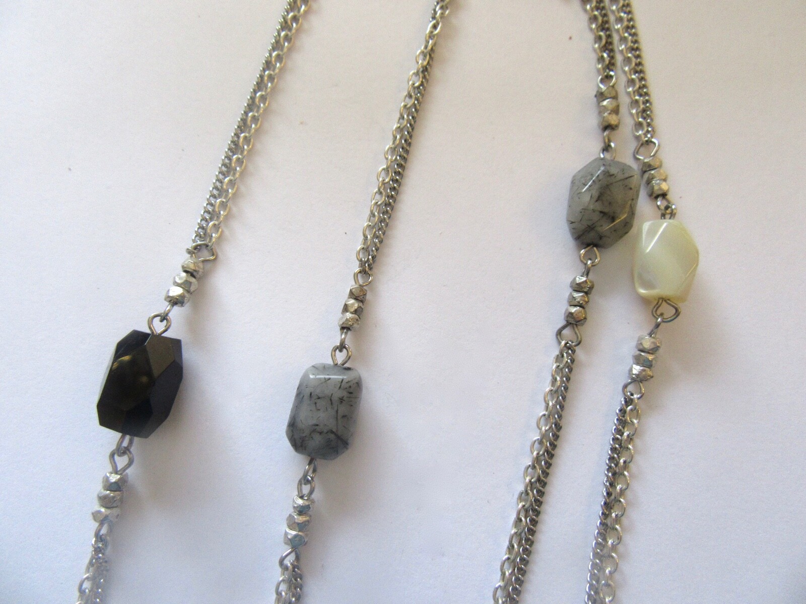 Fashion Necklace- double silver color chain- gray, white & black beads-36″ long