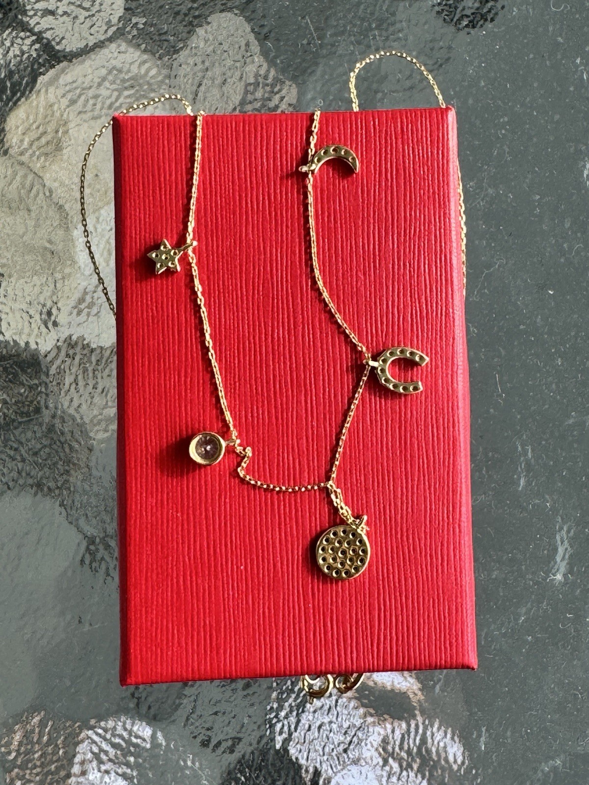 14K SOLID YELLOW GOLD NECKLACE WITH 5 CHARMS ZIRCONIA Stamped 585