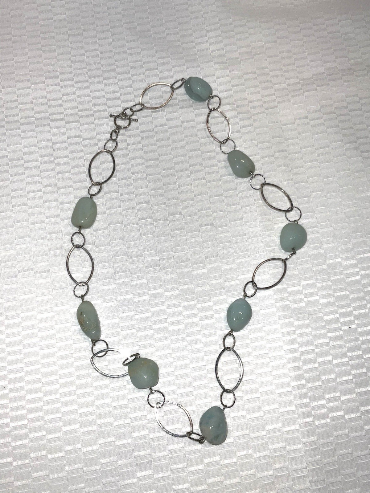 SEAFOAM GREEN BEAD LINK SILVER TONED OVAL LINKS BOHO NECKLACE