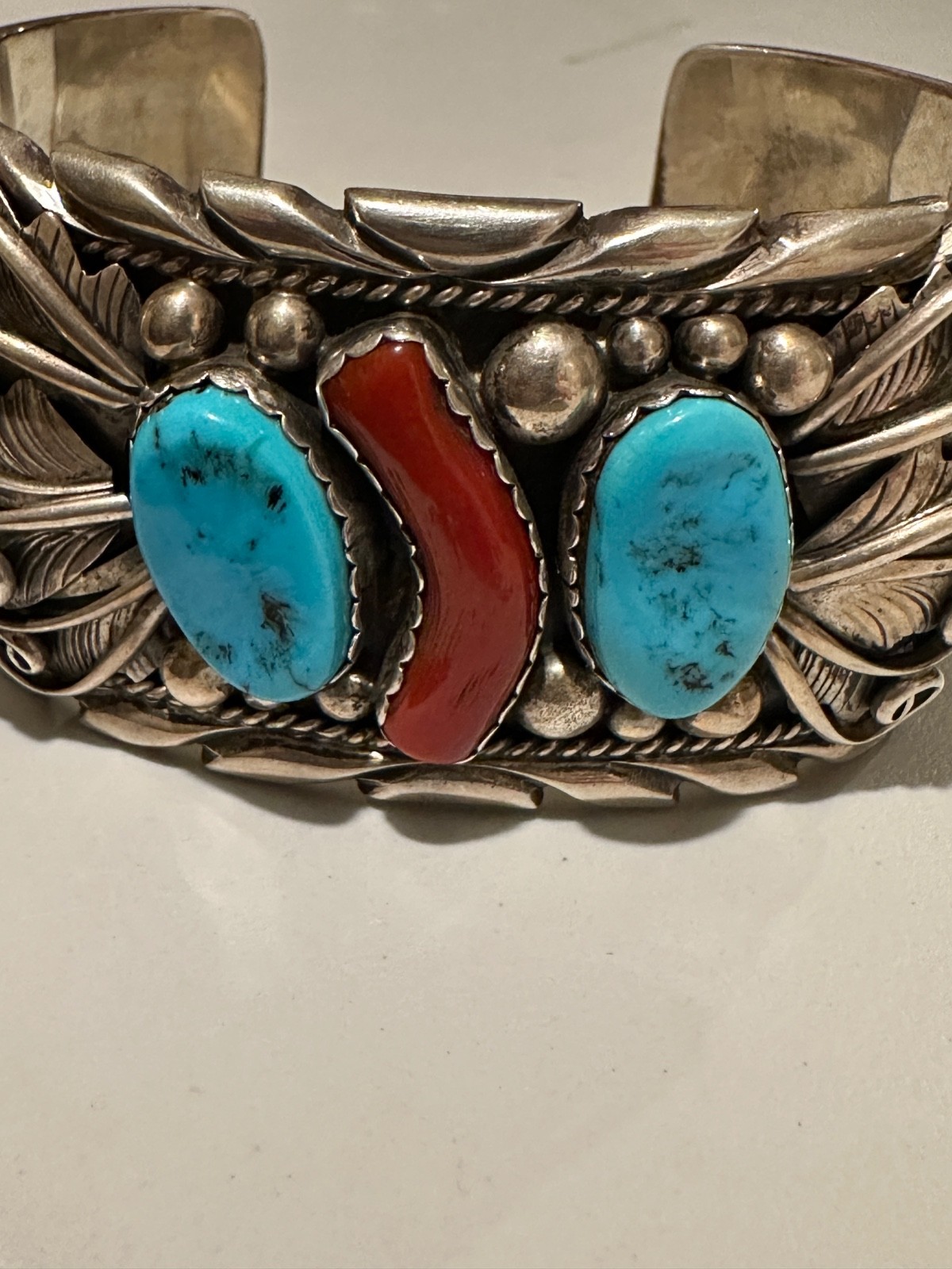 Navajo M Tsosie Sterling Turquoise Coral Feather Cuff Bracelet 108g 1.5” Width