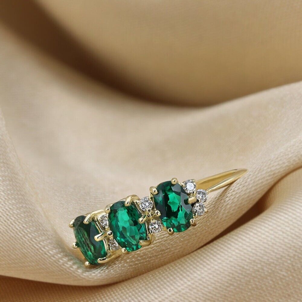 Green Emerald Wedding Ring 14K Yellow Gold Certified 1.35 Ct Lab Created Diamond