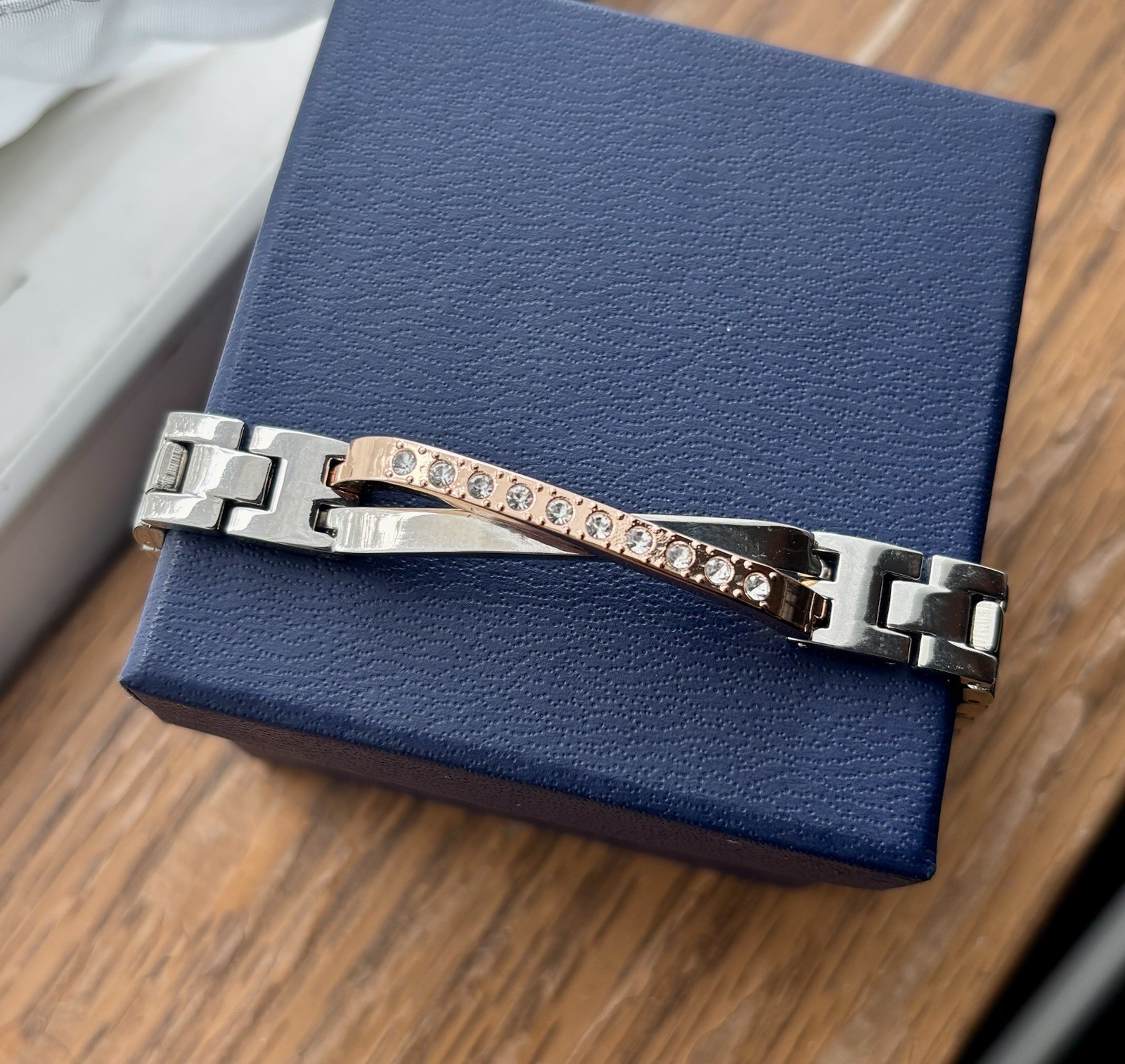 Silver & Rose Gold Tone Link Chain Bracelet w/ Clear Crystal Bar, Fold Over