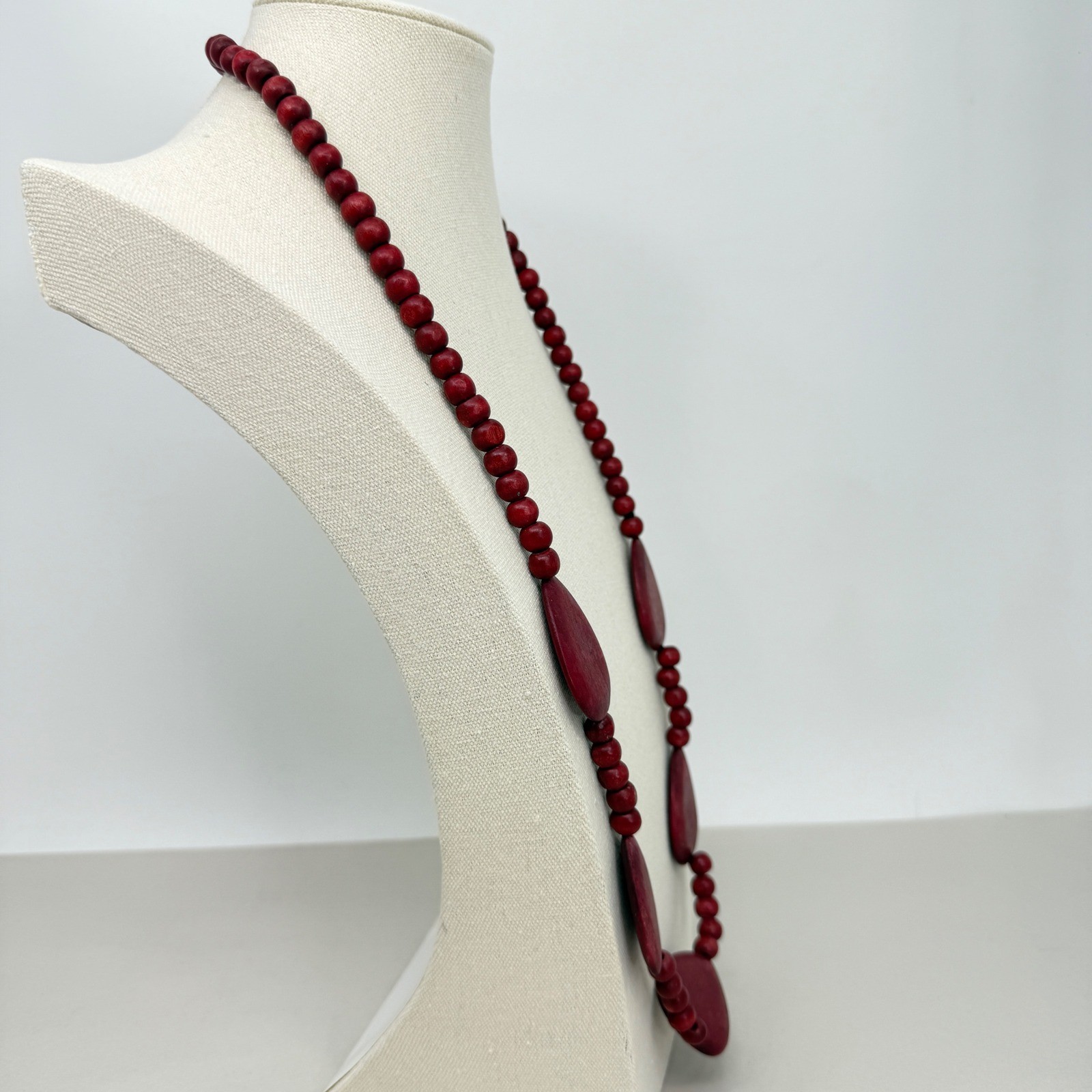 Wood Bead Long Necklace Teardrop Statement Boho Artsy Maroon Burgundy Red