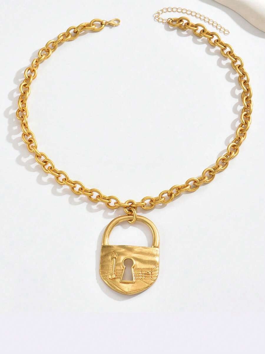 Gold Padlock Necklace Chunky Chain Statement Keyhole VTG Key Steampunk Y2K Boho