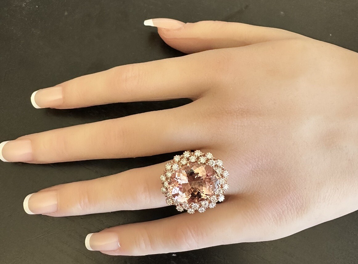 14.60 Carats Natural Morganite and Diamond 14K Solid Rose Gold Ring