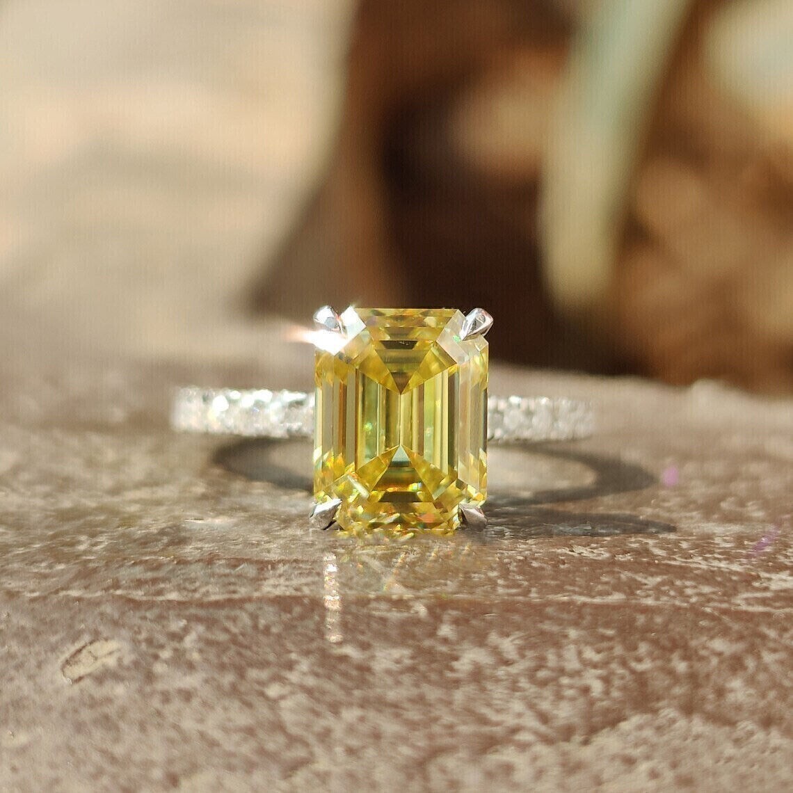 2CT Emerald Cut Simulated Yellow Citrine Engagement Ring 14K White Gold Plated