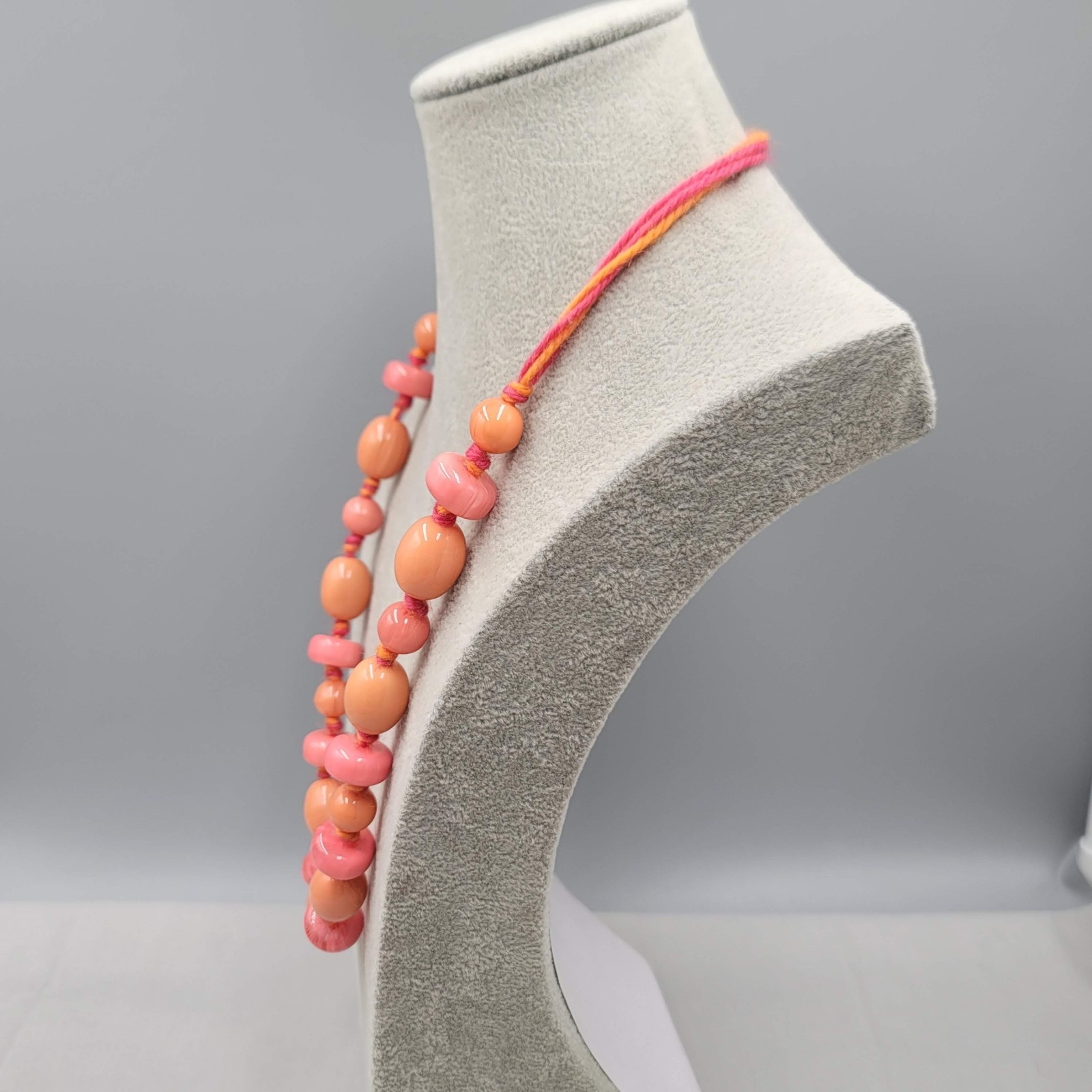 Artisan Peach Pink Cane Glass Bead Necklace Hand Knotted Yarn Cord 24 in